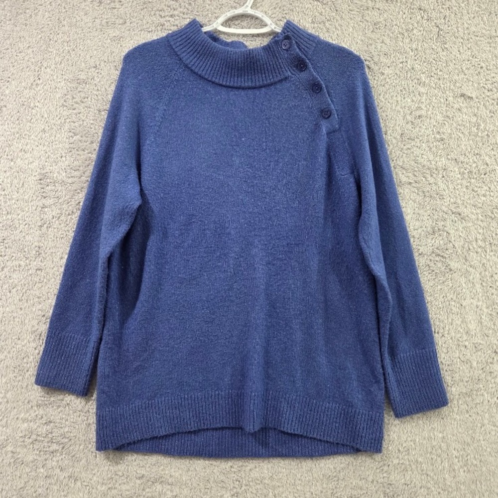 Talbots Sweater Womens Small Blue Mock Neck Button Shoulder Knit Oversized Tunic
